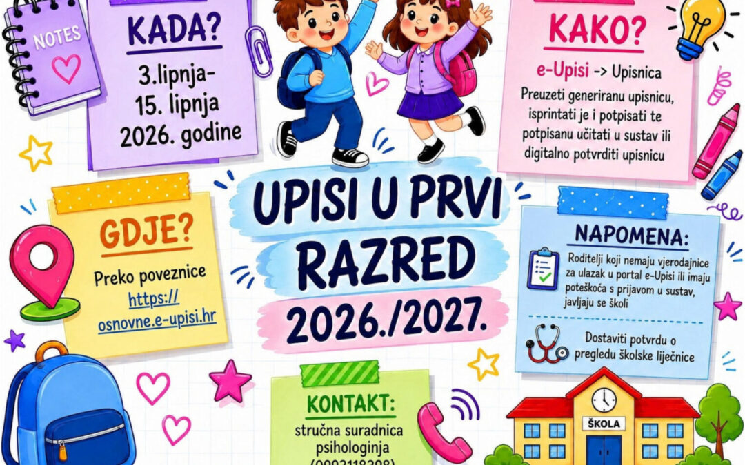 Obavijest o terminima upisa u prvi razred osnovne škole u školskoj godini 2026./2027.